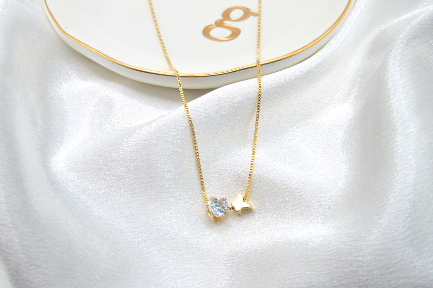 Butterfly and CZ Heart Necklace