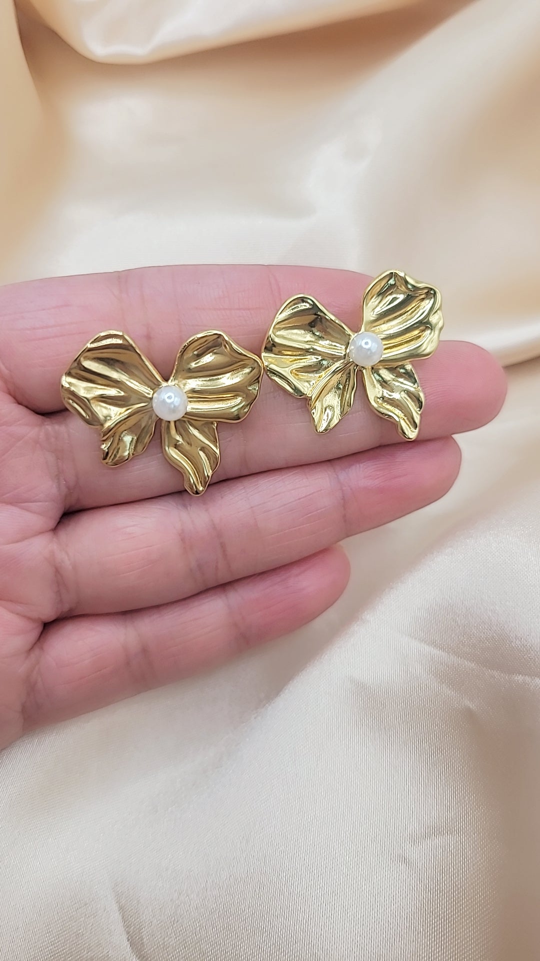 Gold Pearl Bow Earrings