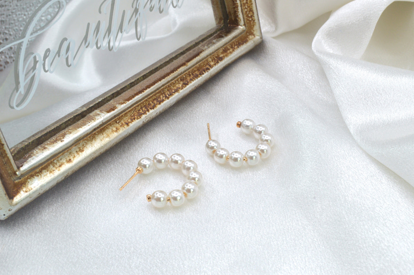 Beaded Pearl Open Hoops