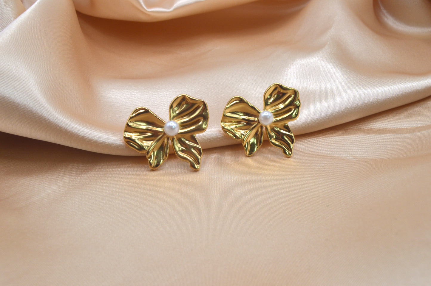 Gold Pearl Bow Earrings