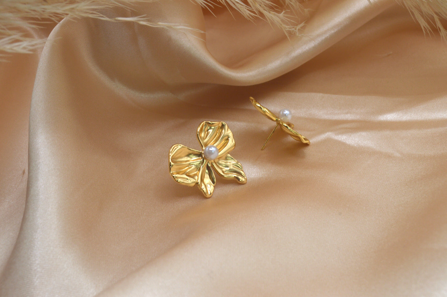 Gold Pearl Bow Earrings