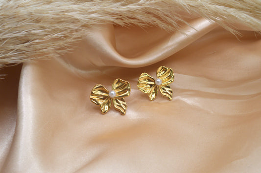 Gold Pearl Bow Earrings