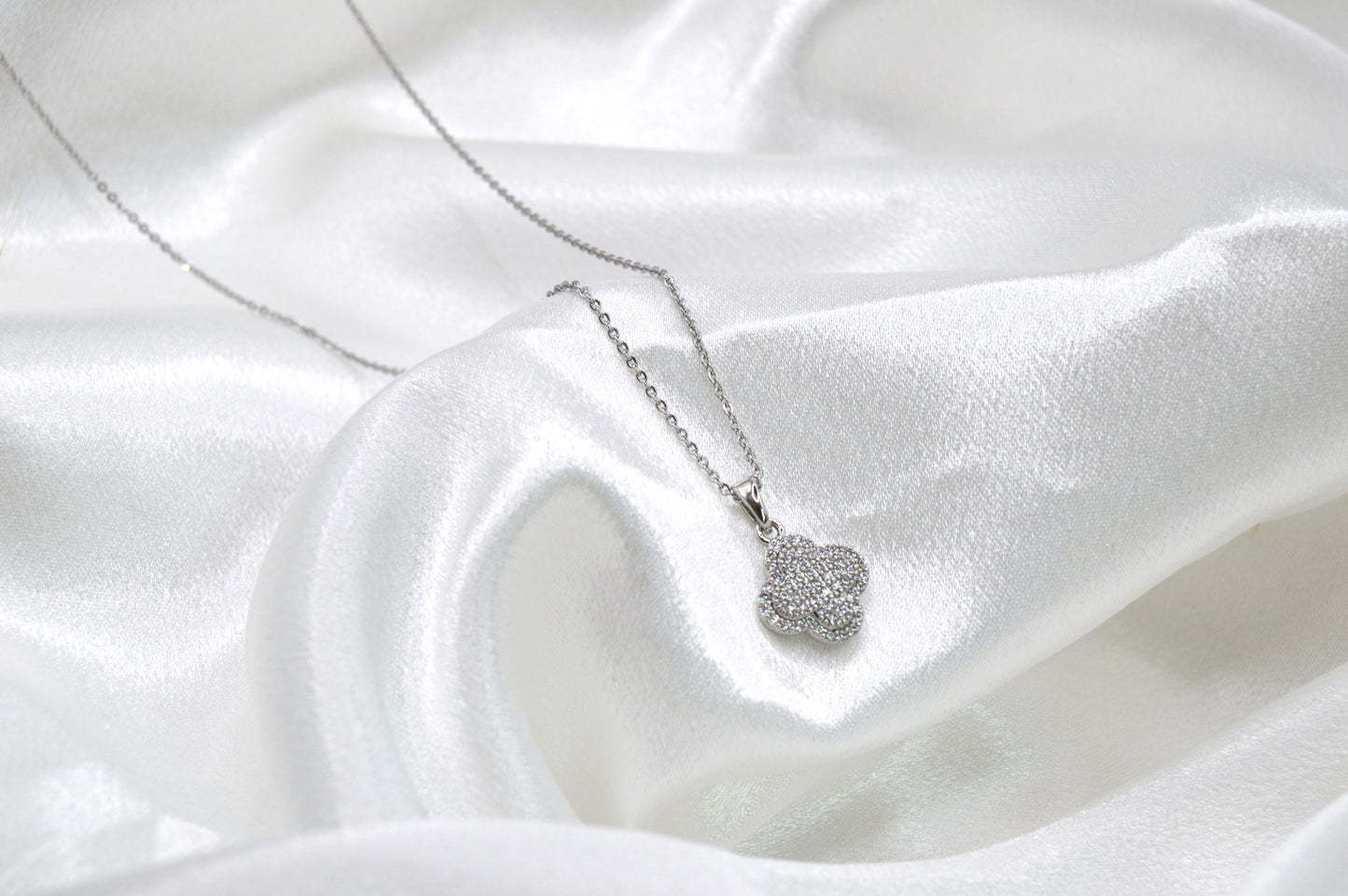 Clover Pave Rhodium Necklace
