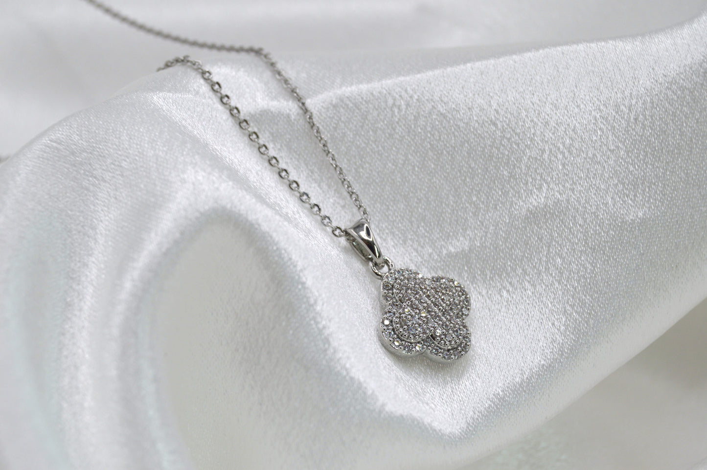 Clover Pave Rhodium Necklace